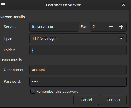 screen capture of the Linux Cinnamon "Connect to Server" prompt where you can join an FTP server. 