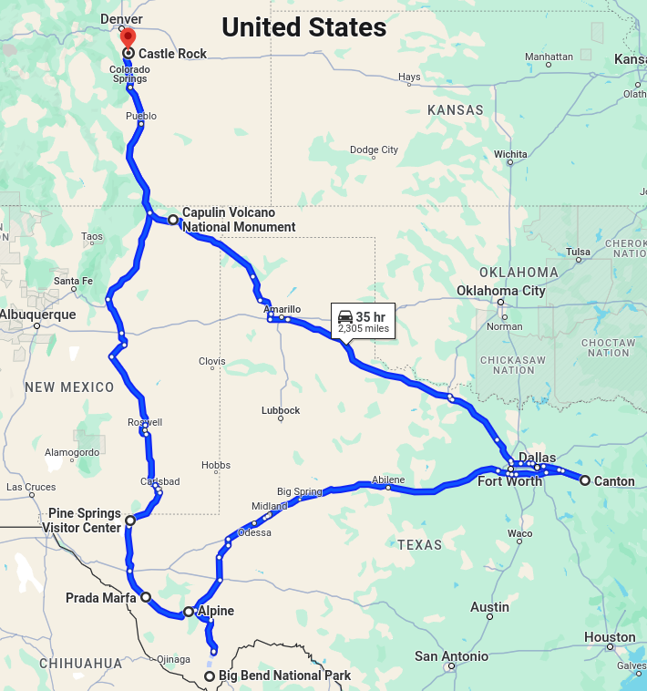 Google map screenshot of our journey, starting in Colorado, down to the southern part of Texas, over to Canton, and then back to Colorado.
